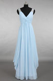 Robe de demoiselle d'honneur longue bleu clair en mousseline de soie à col en V sexy avec perles TY0029