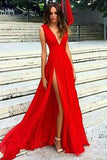 Robes de bal fendues rouges à col en V sexy, robes de soirée sexy à fente simple TP0832