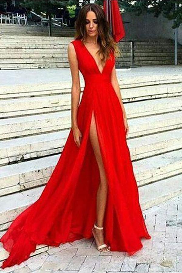 Sexy V-neck Red Split Prom Dresses,Simple Slit Sexy Party Dresses TP0882 Custom Size As Picture