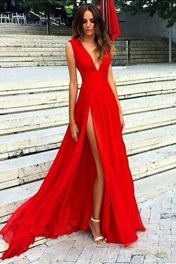 Sexy V-neck Red Split Prom Dresses,Simple Slit Sexy Party Dresses TP0882 - Tirdress