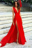 Robes de bal fendues rouges à col en V sexy, robes de soirée sexy à fente simple TP0882