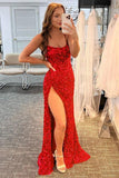 Sheath Fuchsia Sequins Long Prom Dress Split Formal Dress TP1198