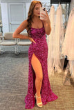 Sheath Fuchsia Sequins Long Prom Dress Split Formal Dress TP1198 - Tirdress