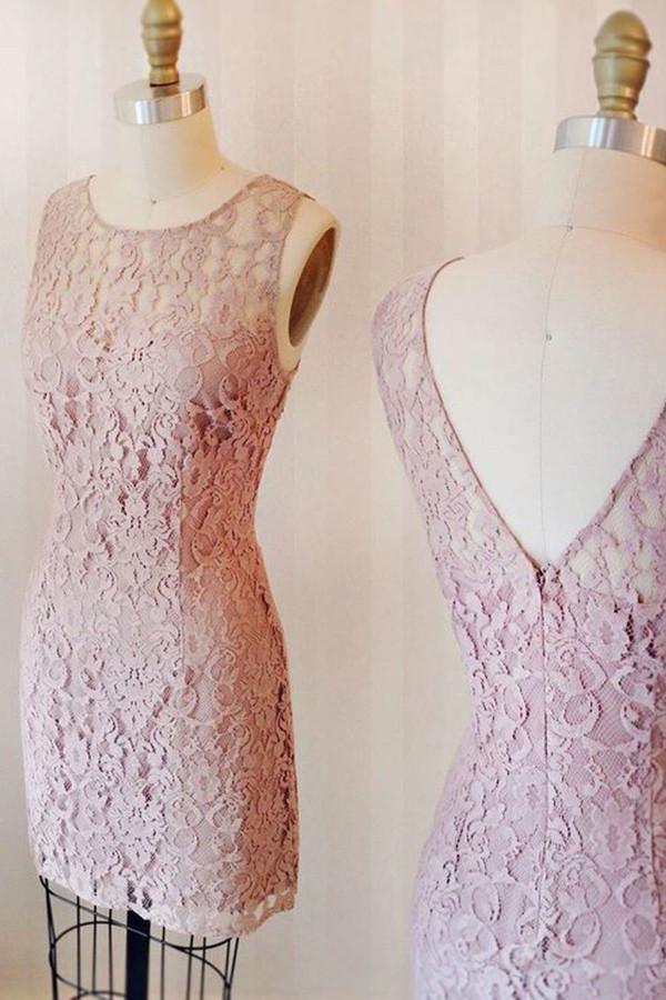Sheath Crew Knee-Length Pink Lace Homecoming Dress TR0196 - Tirdress