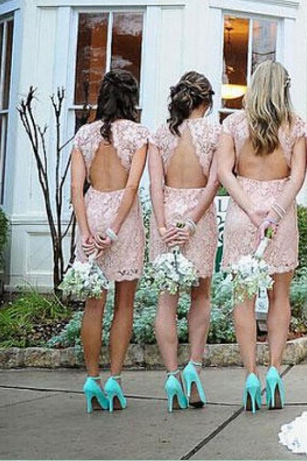 Sheath Crew Short Cap Sleeves Pink Lace Bridesmaid Dress TY0024 - Tirdress