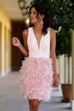 Sheath Deep V-Neck Above-Knee Pink Satin Feathers Homecoming Dress TR0192