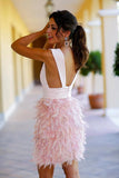 Sheath Deep V-Neck Above-Knee Pink Satin Feathers Homecoming Dress TR0192 - Tirdress