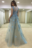 Sheath Illusion Round Neck Blue Tulle Prom Dresses with Appliques PG452 - Tirdress