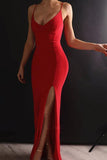 Sheath V Neck Spaghetti Straps Red Elastic Satin Long Prom Dresses TP0977