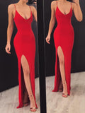 Sheath V Neck Spaghetti Straps Red Elastic Satin Long Prom Dresses TP0977 - Tirdress