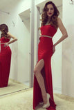 Sheath Round Neck Open Back Red Spandex Prom Dress with Beading Split PG606 - Tirdress