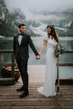 Sheath Short Sleeves Floor-Length Lace Beach Wedding Dress TN152