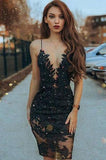Sheath Spaghetti Straps Black Beaded Short Prom Dress with Lace HD0002
