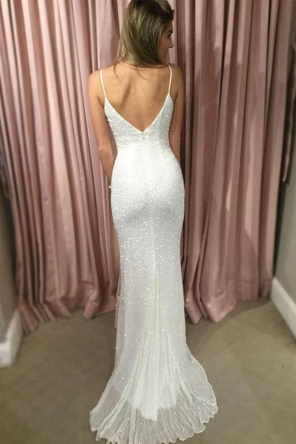 Sheath Spahgetti Straps Sweep Train White Sequined Prom/Party Dress PG425 - Tirdress
