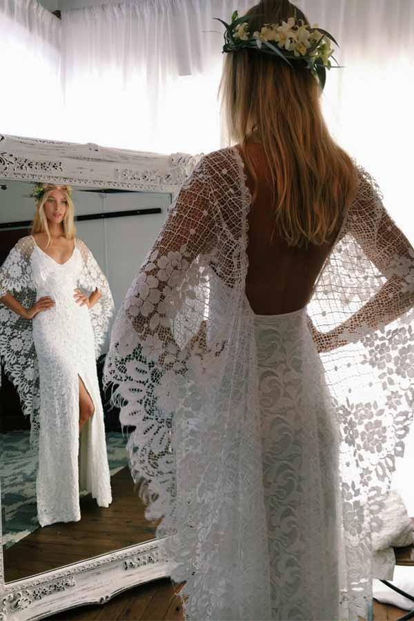 Sheath V-Neck Backless Wraps Lace Beach Wedding Dress with Split TN223 - Tirdress