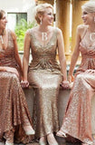 Sheath V-Neck Sweep Train Gold Sequined Bridesmaid Dress With Pleats TY0003