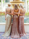 Sheath V-Neck Sweep Train Gold Sequined Bridesmaid Dress With Pleats TY0003 - Tirdress