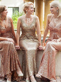 Sheath V-Neck Sweep Train Gold Sequined Bridesmaid Dress With Pleats TY0003 - Tirdress