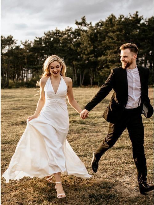 Sheath V-Neck Sweep Train Ivory Simple Wedding Dress Bridal Gown TN145 - Tirdress
