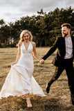 Sheath V-Neck Sweep Train Ivory Simple Wedding Dress Bridal Gown TN145