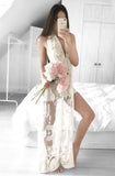 Sheath White Deep V-neck Split Floor-length Prom Dress With Lace TP0105
