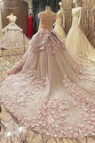 Sheer Jewel Neckline Ball Gown Wedding Dress With Lace Appliques WD184 - Tirdress