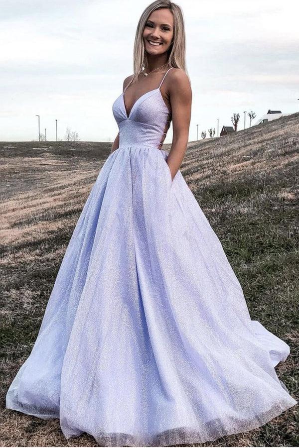 lavender blue dress Elegant Blue Tulle V neck Lace Long Prom Dress Formal Dress PG848 US2 / Lavender