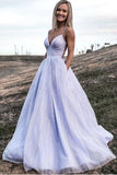 Shiny Lavender A Line V Neck Prom Formal Dress With Pocket TP1165