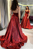 Shiny Lycra Spaghetti Straps Wine Prom Dresses Long TP0959