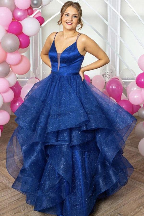 Shiny V Neck Backless Fluffy Blue Long Prom Dress Formal Dress TP1010 US2 / Custom Color Shiny V Neck Backless Fluffy Blue Long Prom Dress Formal Dress TP1010 US2 / Custom Color