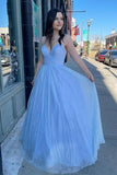 Shiny V Neck Backless Light Blue Long Prom Dresses Evening Dresses TP1018