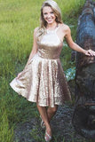 Schlichte Abendkleider mit glänzendem Pailletten-Neckholder, kurzes Partykleid mit glitzernden Pailletten HD0028