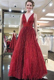 Boutique élégante col en V tulle paillettes bordeaux longue robe de soirée de bal TP0824