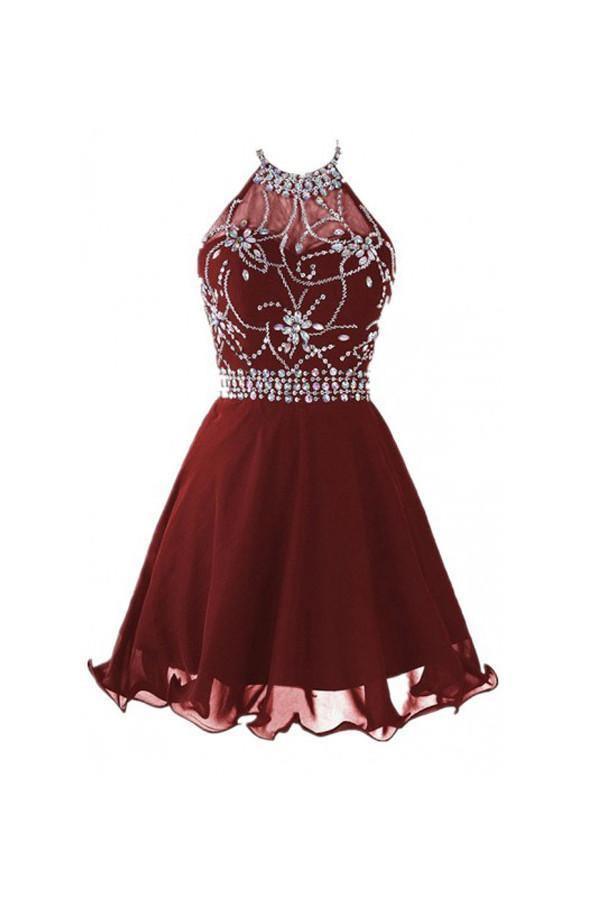 Short Backless Chiffon Burgundy Homecoming With Beading PG018 - Tirdress