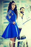 Short Bateau Long Sleeves Royal Blue Homecoming Dress with Lace TR0092 - Tirdress