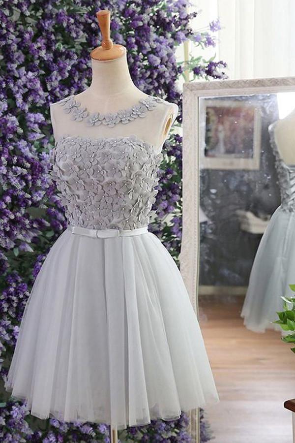 Short Grey Tulle Homecoming Dress Party Dress with Beading Appliques PG123 - Tirdress