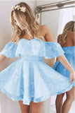 Short A Line Sweetheart Ruffles Shoulder Cute Lace Homecoming Dresses  PG180