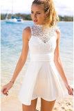 Short Open Back White Stretch Satin Homecoming Dress with Lace PG128