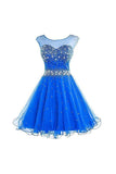 Kurzes blaues Homecoming-Kleid mit Perlenbesatz aus Tüll und Abschlussballkleid PG077 