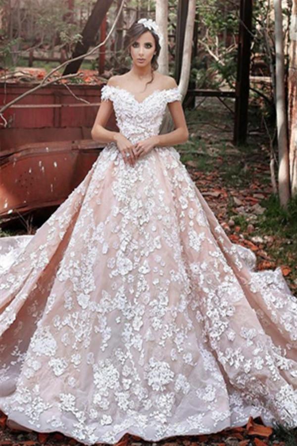 Shoulder Watteau Train Short Sleeves Organza Wedding Dress With Lace TN0069 - Tirdress