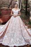 Shoulder Watteau Train Short Sleeves Organza Wedding Dress With Lace TN0069