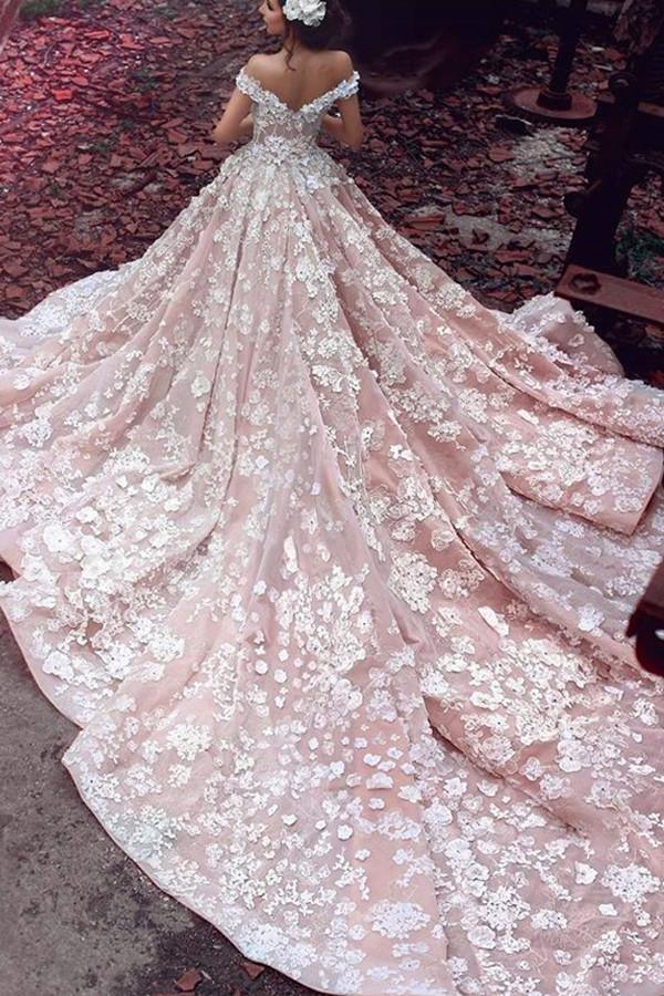 Shoulder Watteau Train Short Sleeves Organza Wedding Dress With Lace TN0069 - Tirdress