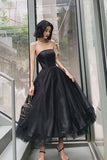 Robe de bal de longueur de thé noir simple Robe de soirée en tulle noir HD0132 