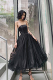 Simple Black Tea Length Prom Dress Black Tulle Homecoming Dress HD0132