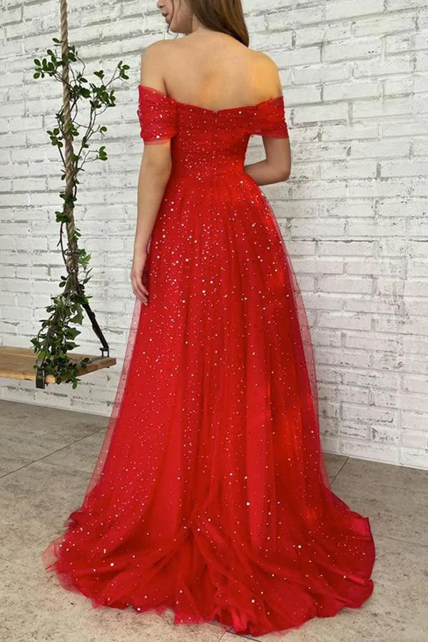 red dinner dress Simple Red Off Shoulder Tulle Long Prom Dress Red Evening Dress TP1130 US8 / As Picture