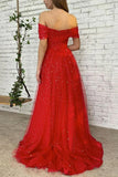 Simple Red Off Shoulder Tulle Long Prom Dress Red Evening Dress TP1130 - Tirdress