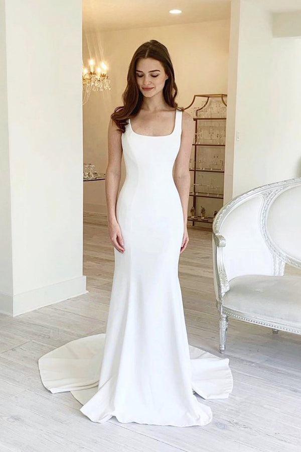 Simple Sheath Square Neck Backless Modest Long Wedding Dress TN301 Custom Size / Ivory Simple Sheath Square Neck Backless Modest Long Wedding Dress TN301 Custom Size / Ivory