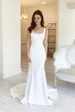 Simple Sheath Square Neck Long Backless Wedding Gown with Sweep Train TN301