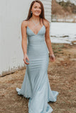 Simple V-Neck Formal Evening Dresses Mermaid Long Prom Dresses TP1163