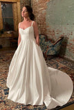 Simple Wide Straps Court Train Ivory Wedding Gown with Pockets TN329 - Tirdress